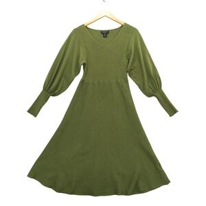 Rachel Zoe Olive Green Ribbed Knit‎ V Neck Balloon Sleeve Midi Sweater Dress L